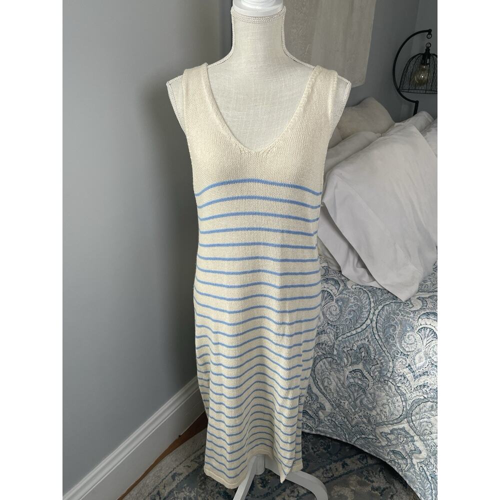Floris Italy Knit Midi Dress M/L Cream Blue Stripe Coastal
